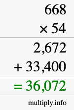 How to calculate 668 times 54 using long multiplication