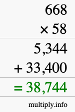 How to calculate 668 times 58 using long multiplication