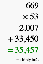 How to calculate 669 times 53 using long multiplication