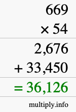 How to calculate 669 times 54 using long multiplication