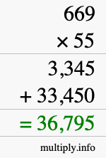 How to calculate 669 times 55 using long multiplication How to calculate 669 times 55 using long multiplication
