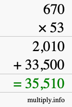 How to calculate 670 times 53 using long multiplication