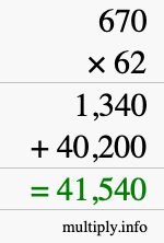 How to calculate 670 times 62 using long multiplication