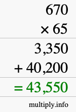 How to calculate 670 times 65 using long multiplication