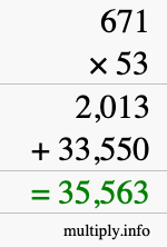 How to calculate 671 times 53 using long multiplication