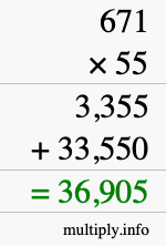 How to calculate 671 times 55 using long multiplication
