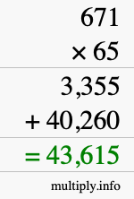 How to calculate 671 times 65 using long multiplication