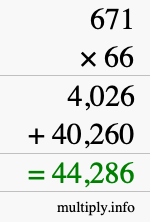 How to calculate 671 times 66 using long multiplication