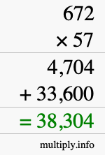 How to calculate 672 times 57 using long multiplication