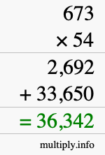 How to calculate 673 times 54 using long multiplication