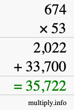 How to calculate 674 times 53 using long multiplication