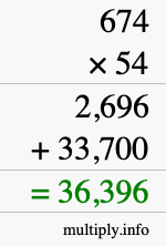 How to calculate 674 times 54 using long multiplication