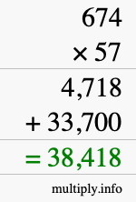 How to calculate 674 times 57 using long multiplication