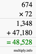 How to calculate 674 times 72 using long multiplication