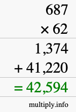 How to calculate 687 times 62 using long multiplication