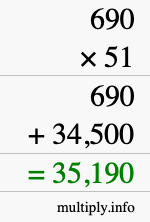 How to calculate 690 times 51 using long multiplication