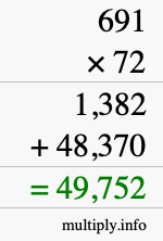 How to calculate 691 times 72 using long multiplication