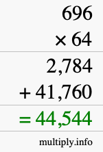 How to calculate 696 times 64 using long multiplication