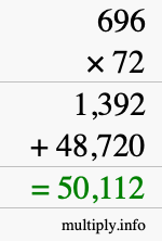 How to calculate 696 times 72 using long multiplication