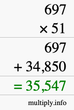 How to calculate 697 times 51 using long multiplication