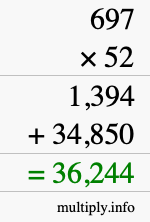 How to calculate 697 times 52 using long multiplication