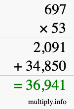 How to calculate 697 times 53 using long multiplication