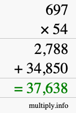 How to calculate 697 times 54 using long multiplication