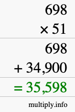 How to calculate 698 times 51 using long multiplication