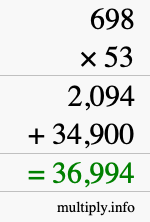 How to calculate 698 times 53 using long multiplication