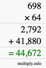 How to calculate 698 times 64 using long multiplication