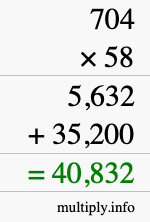 How to calculate 704 times 58 using long multiplication