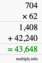 How to calculate 704 times 62 using long multiplication