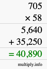 How to calculate 705 times 58 using long multiplication