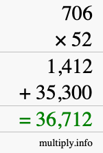 How to calculate 706 times 52 using long multiplication
