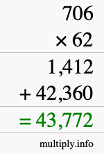How to calculate 706 times 62 using long multiplication