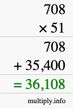 How to calculate 708 times 51 using long multiplication