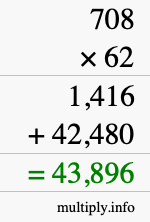 How to calculate 708 times 62 using long multiplication