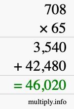 How to calculate 708 times 65 using long multiplication