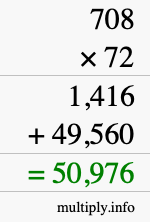 How to calculate 708 times 72 using long multiplication