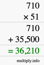 How to calculate 710 times 51 using long multiplication