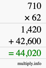 How to calculate 710 times 62 using long multiplication