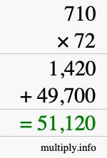 How to calculate 710 times 72 using long multiplication