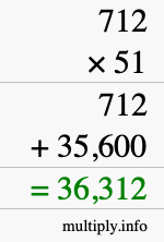 How to calculate 712 times 51 using long multiplication