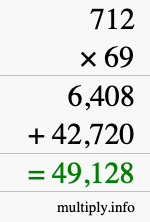 How to calculate 712 times 69 using long multiplication