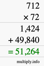 How to calculate 712 times 72 using long multiplication