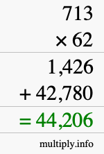 How to calculate 713 times 62 using long multiplication