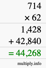 How to calculate 714 times 62 using long multiplication