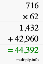 How to calculate 716 times 62 using long multiplication