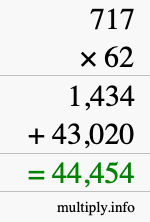 How to calculate 717 times 62 using long multiplication