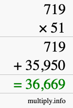 How to calculate 719 times 51 using long multiplication